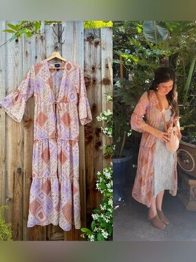 Pink Paisley Quilt Pattern Bell-Sleeve Duster Kimono 🌿